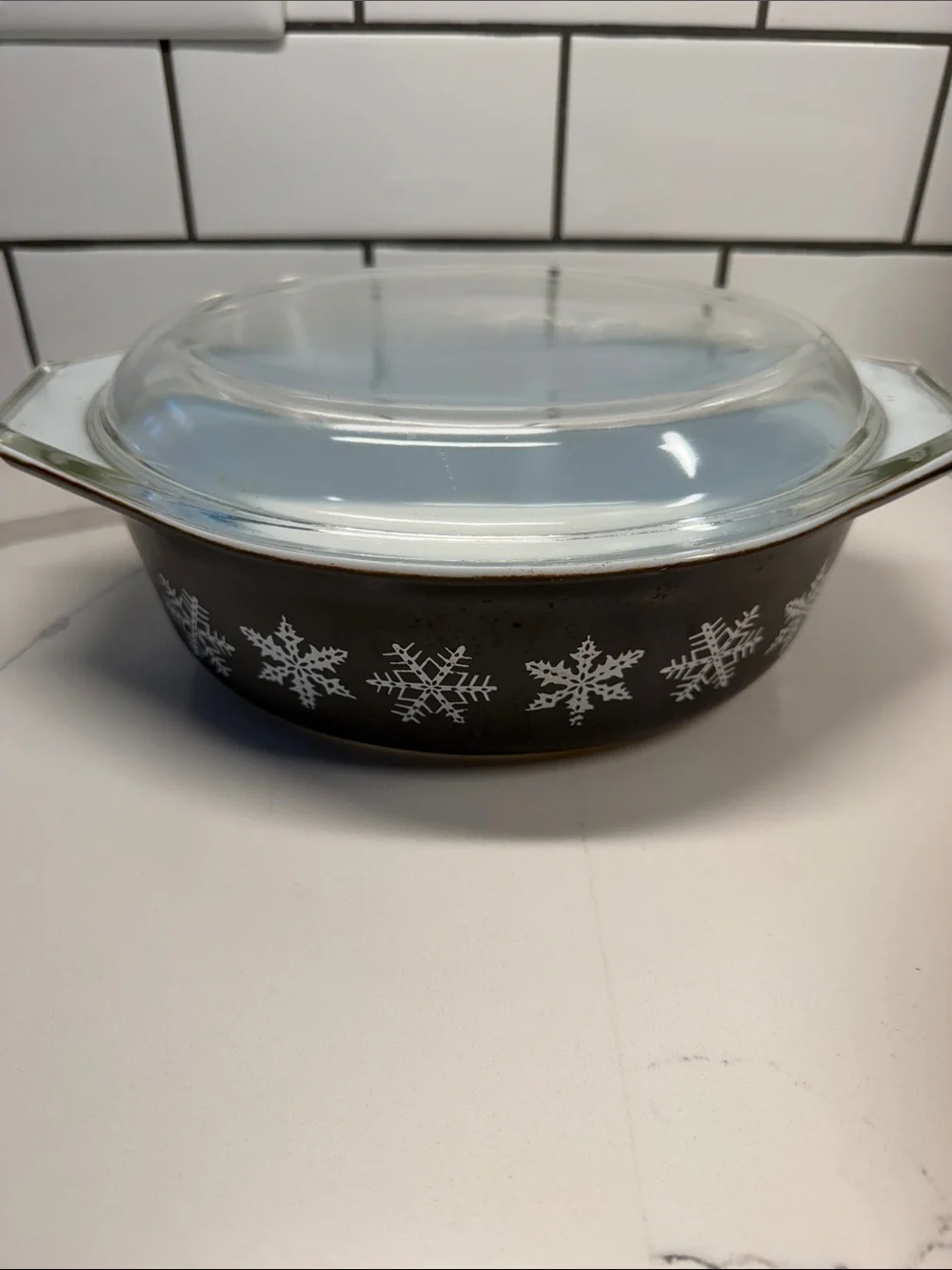Rare Vintage Black w/White Snowflake Pyrex 1-1/2 Qt Oval Casserole Lid Dish 15